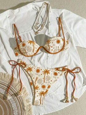 Bikinx مجموعة بكيني نسائي بطبعات استوائية حزام تاسل ولاسة بحشوات، لحمامات السباحة في أيام العطلات الصيفية والشاطئ