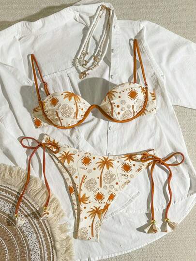 Bikinx مجموعة بكيني نسائي بطبعات استوائية حزام تاسل ولاسة بحشوات، لحمامات السباحة في أيام العطلات الصيفية والشاطئ