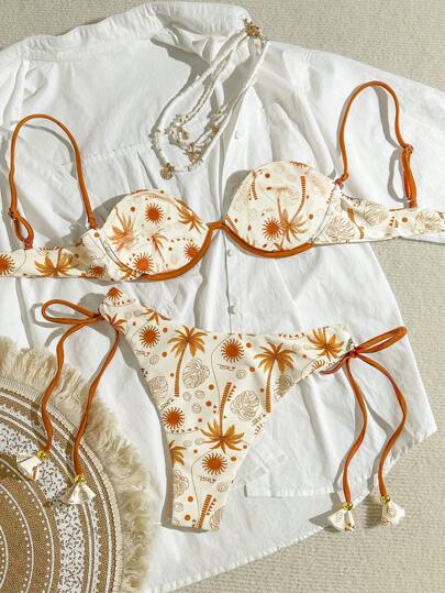 Bikinx مجموعة بكيني نسائي بطبعات استوائية حزام تاسل ولاسة بحشوات، لحمامات السباحة في أيام العطلات الصيفية والشاطئ