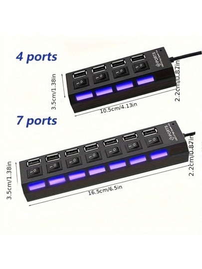 محور موزع USB 2.0 ب- 7 منافذ/4 منافذ مع إضاءة LED ، مفتاح تشغيل/إيقاف مستقل ، مناسب للكمبيوتر والكمبيوتر اللوحي والكمبيوتر المحمول [يدعم فقط نقل البيانات ، لا يمكن الشحن]