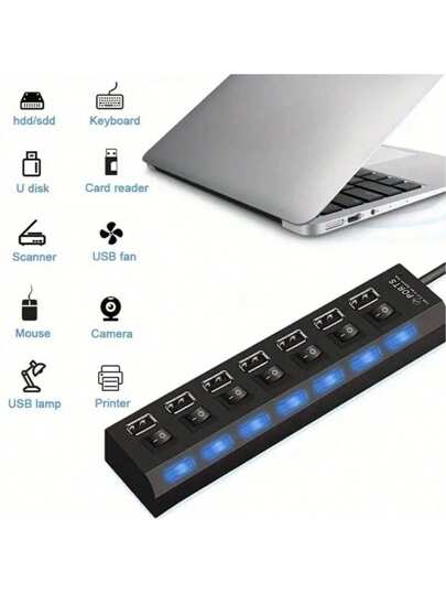 محور موزع USB 2.0 ب- 7 منافذ/4 منافذ مع إضاءة LED ، مفتاح تشغيل/إيقاف مستقل ، مناسب للكمبيوتر والكمبيوتر اللوحي والكمبيوتر المحمول [يدعم فقط نقل البيانات ، لا يمكن الشحن]
