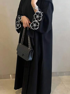 قطعة واحدة (1) جاكيت فضفاض أنيق وأنثوي من الكتان القطني خفيف الوزن مطرز يدويًا بتطريز زهري جميل على الأكمام، ذو لون أحادي، مناسب للحياة اليومية والمناسبات والتجمعات، جالباب محتشم