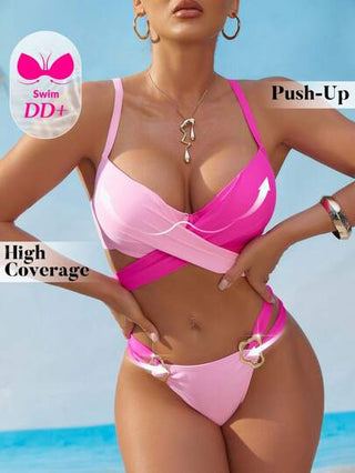 Swim DD+ مجموعة من القطعتين ألبسة تحتية سيدات، صدرية وسروال من تصميم اللون الصلب متعدد الألوان بحيكة متقاطعة أمامية