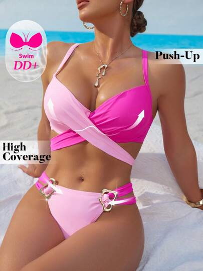 Swim DD+ مجموعة من القطعتين ألبسة تحتية سيدات، صدرية وسروال من تصميم اللون الصلب متعدد الألوان بحيكة متقاطعة أمامية
