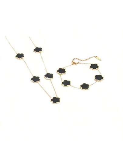 مجموعة من 4 قطع، قلادة, سوار, أقراط من الفولاذ المقاوم للصدأ مزينة بالخرز الأبيض، قلادة بسيطة من الذهب عيار 18 قطعة واحدة، إكسسوارات أنيقة