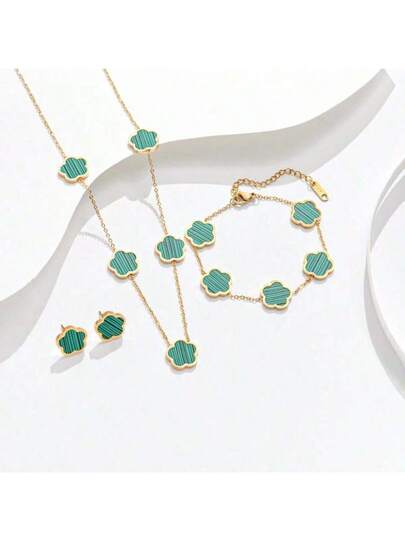 مجموعة من 4 قطع، قلادة, سوار, أقراط من الفولاذ المقاوم للصدأ مزينة بالخرز الأبيض، قلادة بسيطة من الذهب عيار 18 قطعة واحدة، إكسسوارات أنيقة