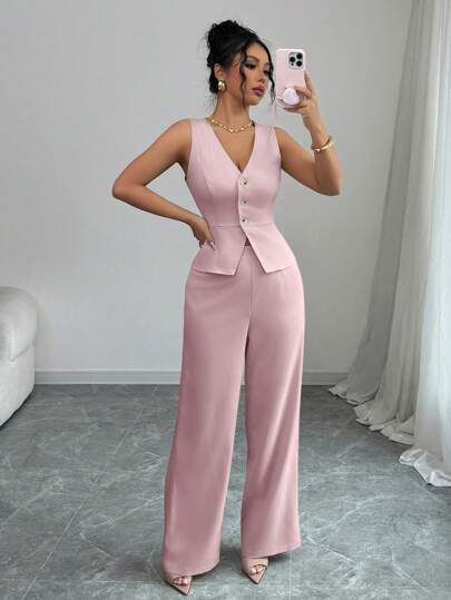 Elenzga بذلة نسائية أنيقة بدون أكمام شاملة على سترة وبنطلون، بتصميم عملي وأنيق، مناسبة للصيف