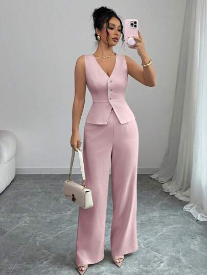 Elenzga بذلة نسائية أنيقة بدون أكمام شاملة على سترة وبنطلون، بتصميم عملي وأنيق، مناسبة للصيف