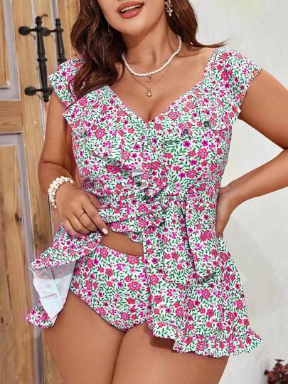Swim Mod مجموعة بكيني دشداشة مكونة من 2 قطعة مع رفرفات ذات طبعة أزهار صغيرة للنساء ذوات الحجم الكبير للصيف والشاطئ