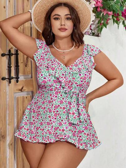 Swim Mod مجموعة بكيني دشداشة مكونة من 2 قطعة مع رفرفات ذات طبعة أزهار صغيرة للنساء ذوات الحجم الكبير للصيف والشاطئ