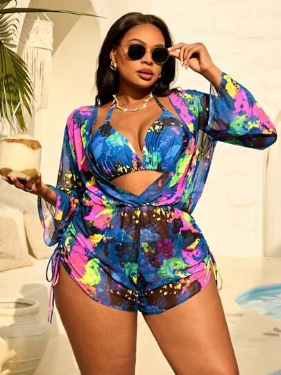 SHEIN Slayr CURVE ثلاث قطع ملابس سباحة للمرأة كبيرة الحجم، سبليت بيكيني مع طوق وبنطال طويل الأكمام ومغطي شبكي، ملابس سباحة عصرية للشاطئ والمنتجعات