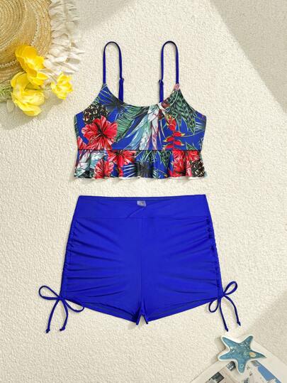 طقم تانكيني حريمي Swim Lushoire طقم سباحة تانكيني بحمالات مع طباعة نباتات استوائية للنساء، ملابس سباحة عطلات عادية