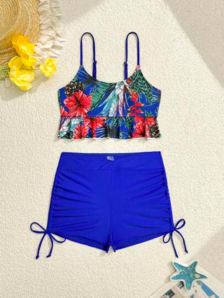 طقم تانكيني حريمي Swim Lushoire طقم سباحة تانكيني بحمالات مع طباعة نباتات استوائية للنساء، ملابس سباحة عطلات عادية