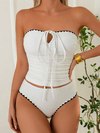 طقم تانكيني حريمي Swim Lushoire ملابس سباحة نسائية صيفية مكونة من حمالة رفيعة+سروال ثلاثي الأضلاع ذات حافة مسننة مطوية من قماش فقاعي أبيض، إطلالة صيفية جديدة