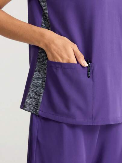 Scrubzie طقم ملابس علوية وبنطلون كتلة اللون مصنوعة من قماش مافي مبرقع مع جيبين مزدوجين، بأكمام قصيرة، مناسب للممرضات والأعمال الرياضية، تنفس وقابل للغسل، مجموعة ملابس العمل المطاطة مع جيوب.