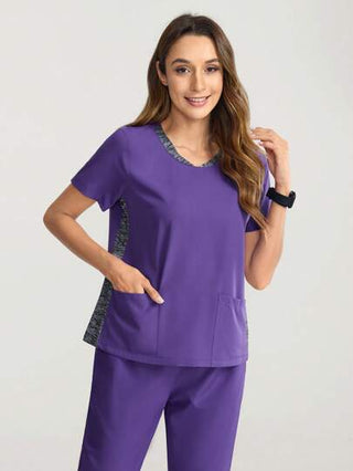 Scrubzie طقم ملابس علوية وبنطلون كتلة اللون مصنوعة من قماش مافي مبرقع مع جيبين مزدوجين، بأكمام قصيرة، مناسب للممرضات والأعمال الرياضية، تنفس وقابل للغسل، مجموعة ملابس العمل المطاطة مع جيوب.