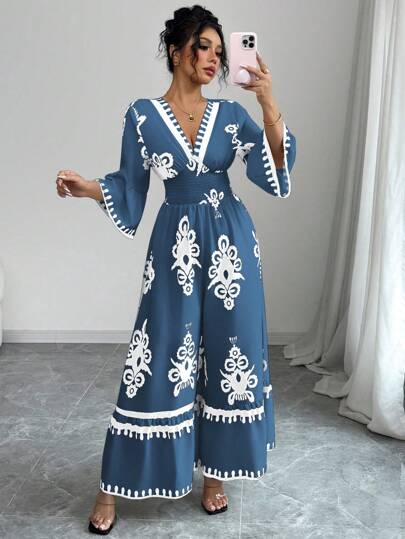 Elenzga جمبسوت طباعة زهرية مع أكمام جرس ساق واسعة للنساء ، أسلوب عطلة