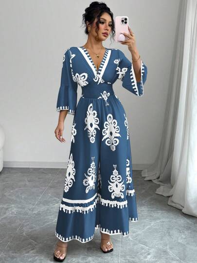 Elenzga جمبسوت طباعة زهرية مع أكمام جرس ساق واسعة للنساء ، أسلوب عطلة