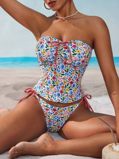 طقم تانكيني حريمي Swim Mod طقم قطعتين بطراز نباتي صغير للسيدات، مناسب للاستخدام في الشاطئ والرحلات