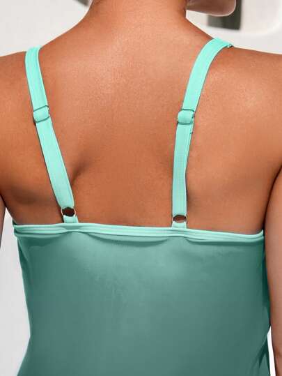 طقم تانكيني حريمي Swim Lushoire طقم سيدات بيكيني طانكيني مع قميص ممعن الألوان وكشكش للصيف والشاطئ
