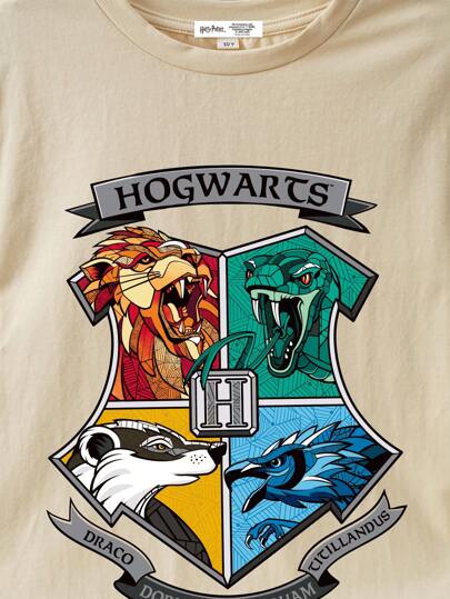 HARRY POTTER X SHEIN تي شيرت بياقة دائرية وأكمام قصيرة للفتيان المراهقين مع طباعة حرفية وحيوانية
