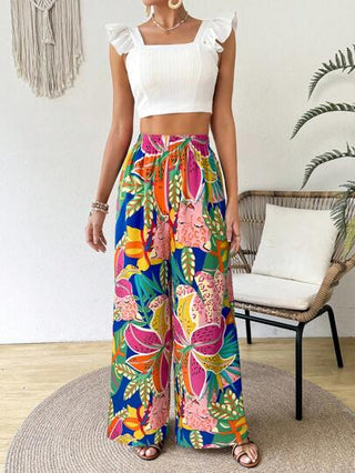 SHEIN VCAY بنطلون نسائي ذو طبعة استوائية ذو تدفق فاخر، مريح للشاطئ والأجازات