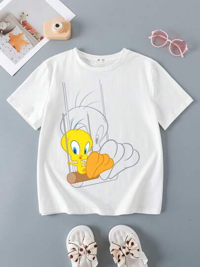 ملابس بناتي LOONEY TUNES X  تي شيرت كارتوني بياقة دائرية وأكمام قصيرة للفتيات المراهقات