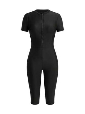 Swim Shayni بدلة سباحة قصيرة الأكمام بسحّاب أمامي، قطعة واحدة من الشبك مربوطة، مناسبة للحشمة، باللون الأسود، مناسبة للبحر والربيع والصيف