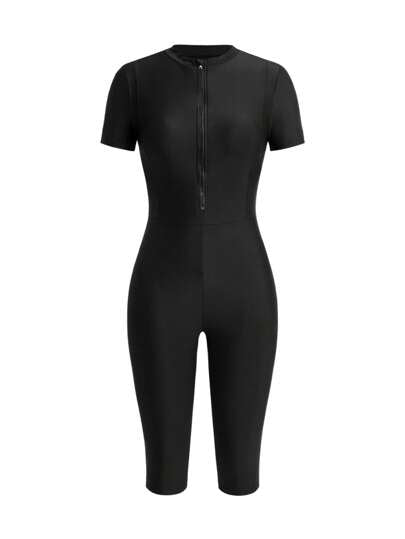 Swim Shayni بدلة سباحة قصيرة الأكمام بسحّاب أمامي، قطعة واحدة من الشبك مربوطة، مناسبة للحشمة، باللون الأسود، مناسبة للبحر والربيع والصيف