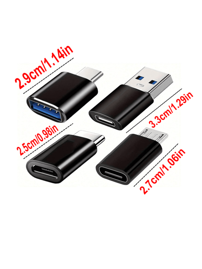 4 قطع مجموعة محول USB-C: OTG USB 3.0، محول من مايكرو USB إلى USB-C، سطح معدني أسود أنيق - متوافق مع MacBook Pro، الهواتف الذكية، أجهزة الكمبيوتر المحمولة، أجهزة الكمبيوتر، محول USB