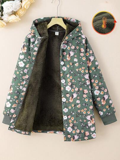 SHEIN Vintaside Kids معطف متوسط الطول سميك مبطن مزخرف بزهور عتيقة بقلنسوة للفتيات المراهقات ، للخريف/الشتاء ،العطلات ،الصيف، السفر
