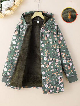 SHEIN Vintaside Kids معطف متوسط الطول سميك مبطن مزخرف بزهور عتيقة بقلنسوة للفتيات المراهقات ، للخريف/الشتاء ،العطلات ،الصيف، السفر
