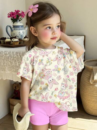 SHEIN مجموعة أزهار مجففة بطبعات أرنب ريفي وزهور ، مجموعات أزهار بوهيمي وبرية ،مجموعات نباتية عتيقة، مجموعات أزهار طبيعية باستيل، بنطلون قصير وقميص بأكمام قصيرة عنق دائري بسيط أنيق مناسب للفتيات الرضع للربيع والصيف