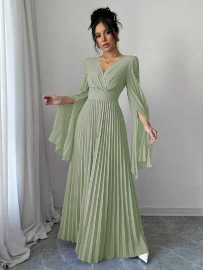 فساتين حريمي Elenzga فستان ماكسي نسائي أنيق رومانسي مع فتحات الأكمام المطوية وياقة على شكل حرف V