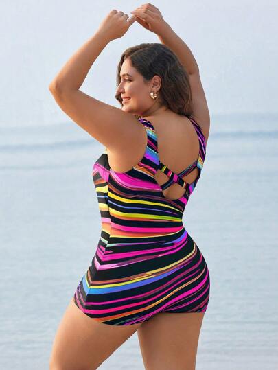 Swim SPRTY بدلة سباحة قطعة واحدة مطبوعة بلا أكمام للنساء كبيرات الحجم ، ملابس سباحة للعطلات العارضة