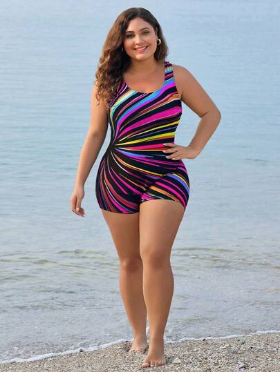 Swim SPRTY بدلة سباحة قطعة واحدة مطبوعة بلا أكمام للنساء كبيرات الحجم ، ملابس سباحة للعطلات العارضة