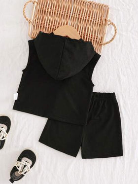 SHEIN Playful Pals طقم ملابس علوية أكمام بلا أكمام مقنع وشورت للأطفال حديثي الولادة - 1 سنة، لون قرمزي، مناسب للأولاد والبنات، مناسب للارتداء في جميع المناسبات الصيفية