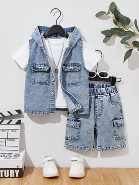 SHEIN طقم جينز للأولاد الصغار، لون أزرق متوسط قديم، يشمل سترة مقنعة وشورت كارجو مريح، بتصميم موضة شارع عصرية للأولاد ،2 قطعة