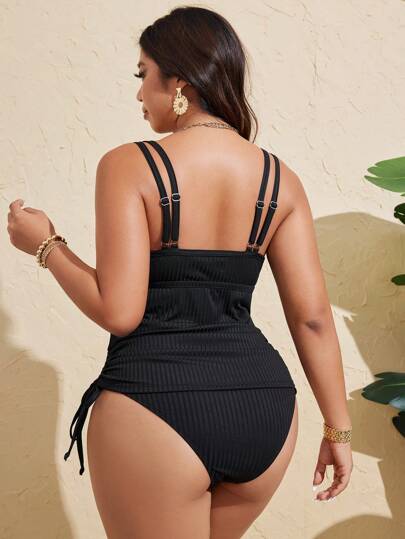 Swim Lushoire ملابس علوية كبيرة الحجم للسيدات بنمط خزان بقماش نسيج منسوج لون أسود ثابت ملابس سباحة رياضية