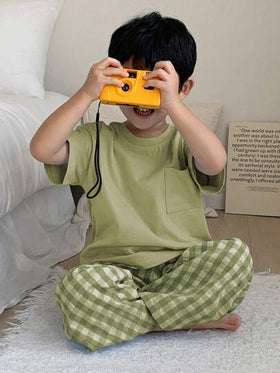 Dazy Kids مجموعة لبس منزلي للأطفال الرضع تتكون من 2 قطعة - تيشرت بأكمام قصيرة بياقة مستديرة بلون واحد مضفر + بنطلون مربع منسوج للربيع والصيف رمضان