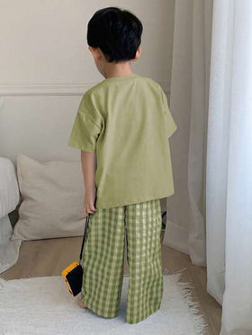 Dazy Kids مجموعة لبس منزلي للأطفال الرضع تتكون من 2 قطعة - تيشرت بأكمام قصيرة بياقة مستديرة بلون واحد مضفر + بنطلون مربع منسوج للربيع والصيف رمضان