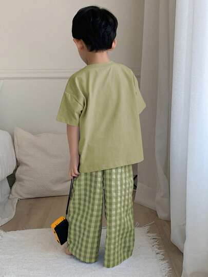 Dazy Kids مجموعة لبس منزلي للأطفال الرضع تتكون من 2 قطعة - تيشرت بأكمام قصيرة بياقة مستديرة بلون واحد مضفر + بنطلون مربع منسوج للربيع والصيف رمضان