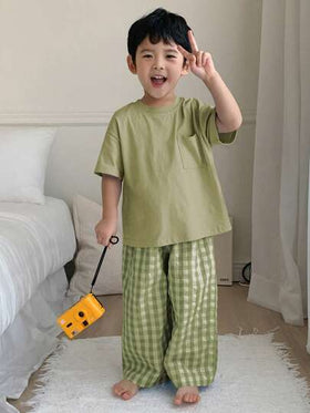 Dazy Kids مجموعة لبس منزلي للأطفال الرضع تتكون من 2 قطعة - تيشرت بأكمام قصيرة بياقة مستديرة بلون واحد مضفر + بنطلون مربع منسوج للربيع والصيف رمضان