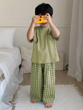 Dazy Kids مجموعة لبس منزلي للأطفال الرضع تتكون من 2 قطعة - تيشرت بأكمام قصيرة بياقة مستديرة بلون واحد مضفر + بنطلون مربع منسوج للربيع والصيف رمضان