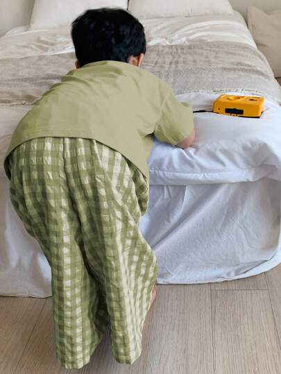 Dazy Kids مجموعة لبس منزلي للأطفال الرضع تتكون من 2 قطعة - تيشرت بأكمام قصيرة بياقة مستديرة بلون واحد مضفر + بنطلون مربع منسوج للربيع والصيف رمضان