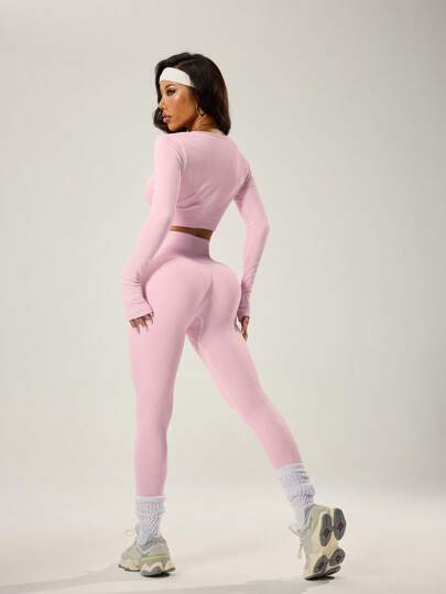 SHEIN Dewbera طقم رياضي للنساء مكون من توب مقصر وبنطال لصيق
