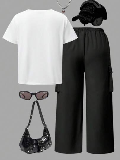 SHEIN ChillGRL مجموعة ب- 2 قطعة لفتيات المراهقات، تي شيرت بياقة طاقم بطباعة حرفية + بنطلون كارجو، أسلوب ملابس الشارع الكاجوال