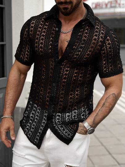 Manfinity Homme قميص رجالي كاجوال صيفي منسوج مفرغ باللون الأحادي