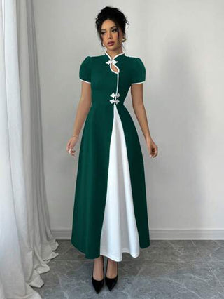 Chiquease فستان أنيق بتصميم أكمام منتفخة وأزرار بلون متباين للنساء