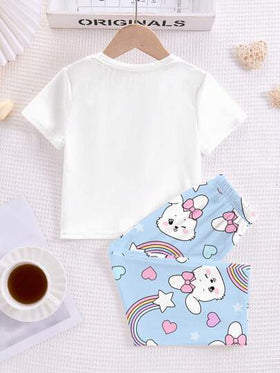 SHEIN طقم ملابس علوية كاجوال بياقة طاقم وأكمام قصيرة مع سروال، رسم أرنب لطيف مناسب للفتيات الصغيرات، ملائم للربيع والصيف والعيد المسيحي